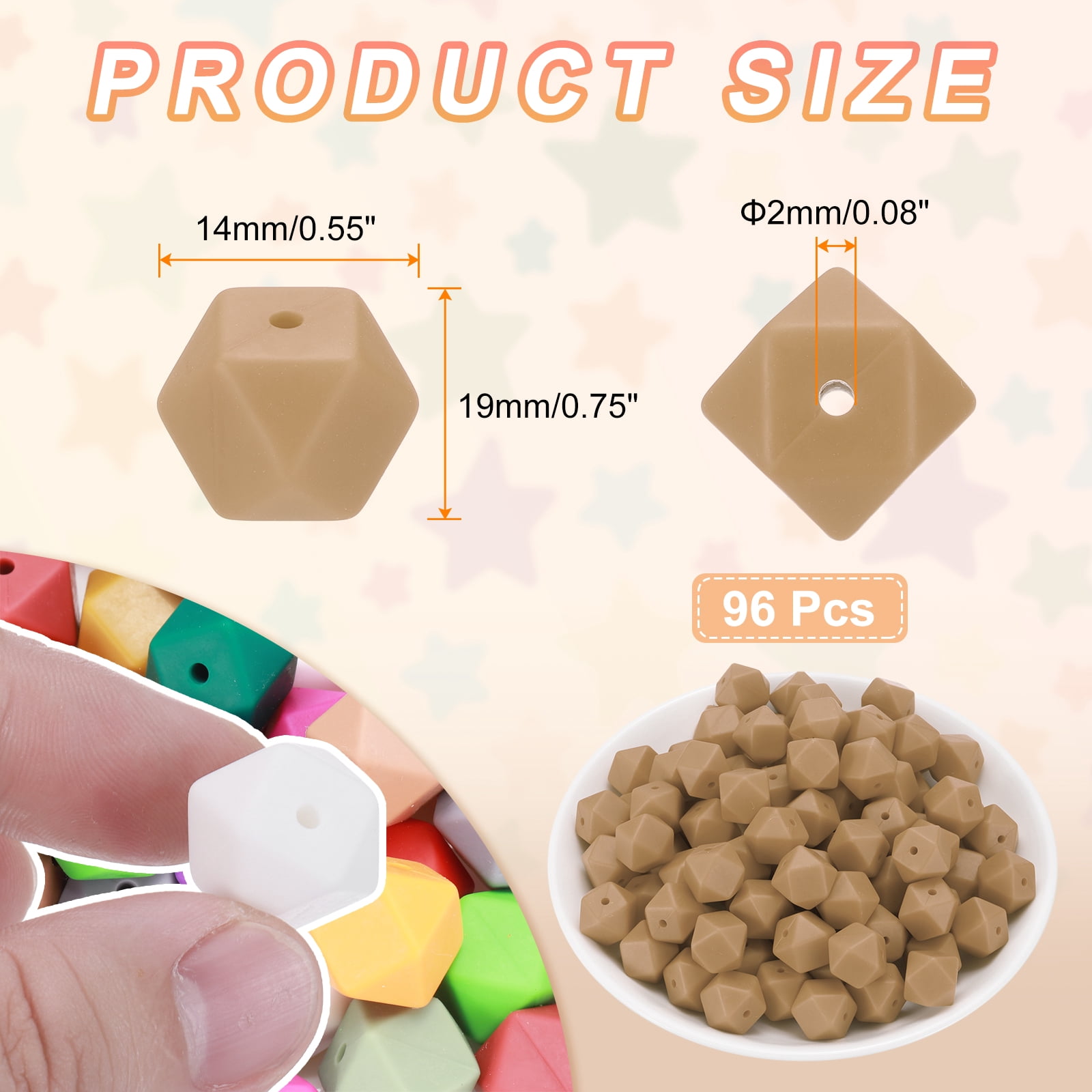 96Pcs Silicone Beads 14mm Hexagon Rubber Focal Beads Bulk for Pens Keychain Bracelet Necklace DIY Crafts Making, Camel Brown