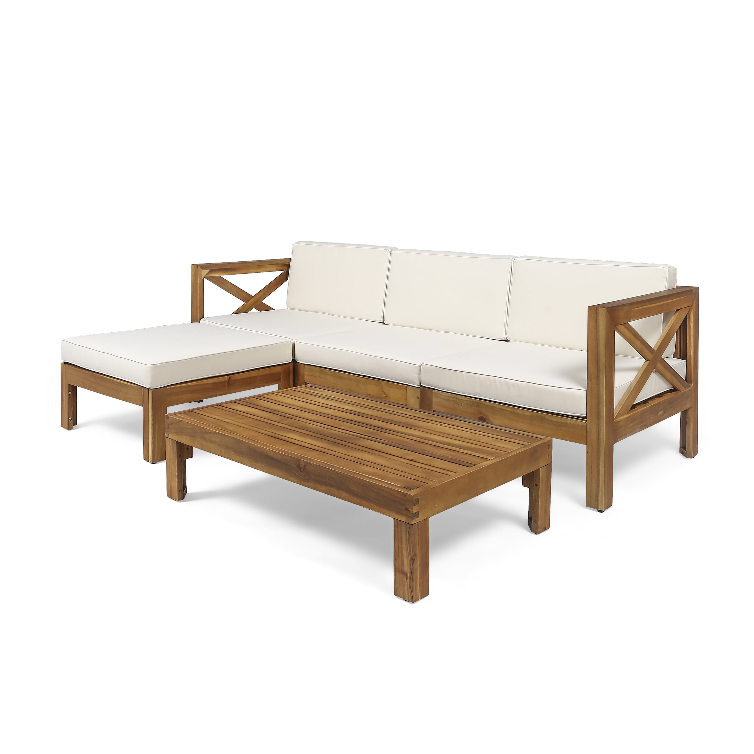 Outdoor L Shaped Sectional Sofa Set, Acacia Wood Frame Combined Couch for Patio Garden, Teak and Beige
