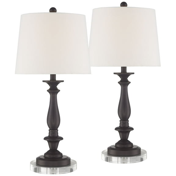 Regency Hill Rustic Farmhouse Table Lamps 27" Tall Set of 2 with Round Riser Bronze White Fabric Drum Shade for Living Room Bedroom House