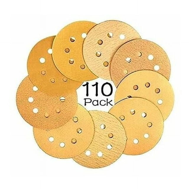 Discos de lijado con velcro sin polvo, papel de lija de alta calidad de 125 mm con abrasivo de óxido de aluminio para uso versátil en carpintería y más, amarillo (110 piezas)