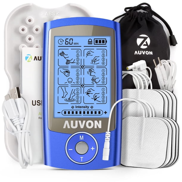 Estimulador muscular TENS recargable AUVON, 24 modos, 4.ª generación, con 8 electrodos premium de 5 x 5 cm para aliviar el dolor.