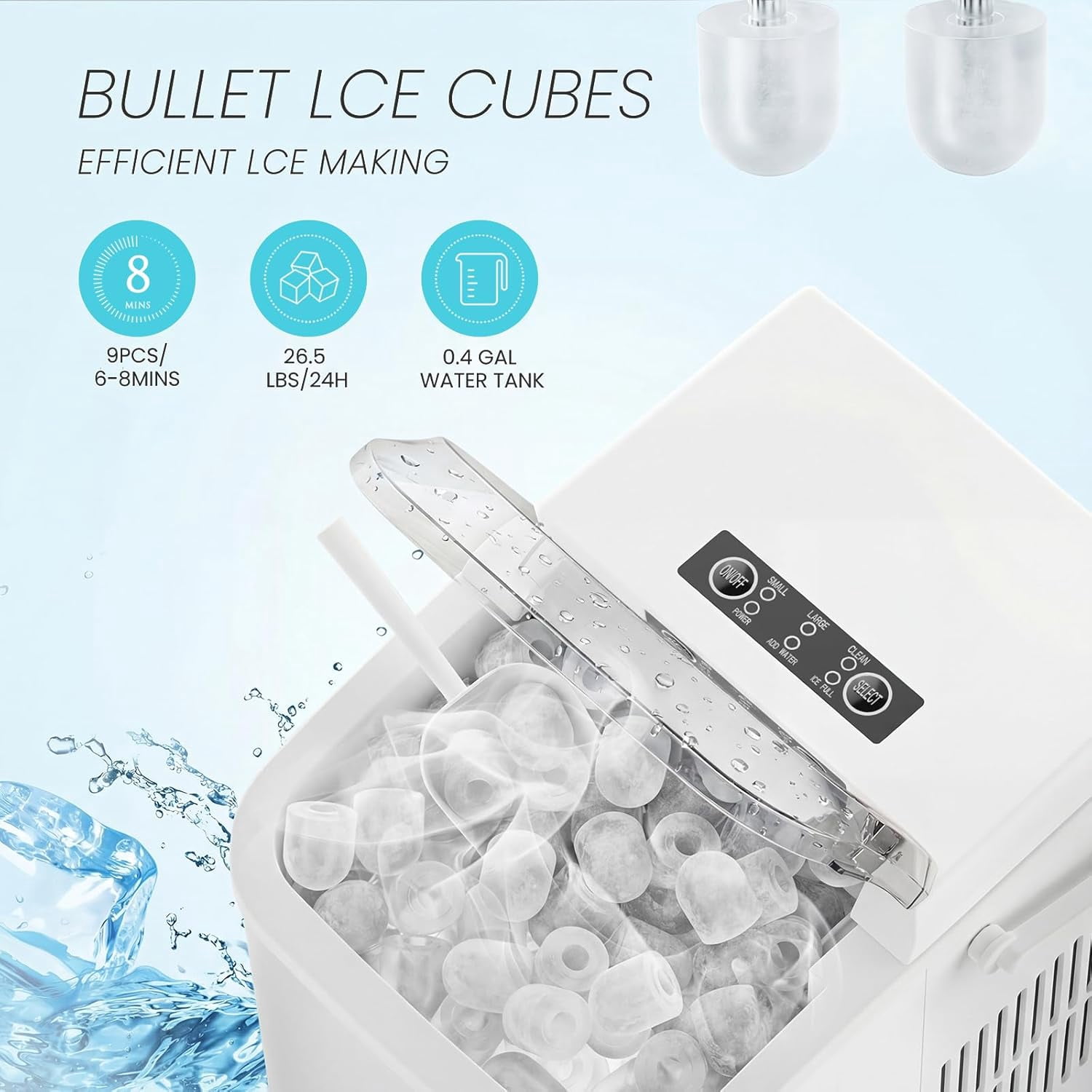 Portable Ice Maker Countertop, 6-Minute 9-Bullet Ice Machine with Auto Clean, 26lbs Daily, Includes Basket and Scoop for Home Kitchen RV Camping in White