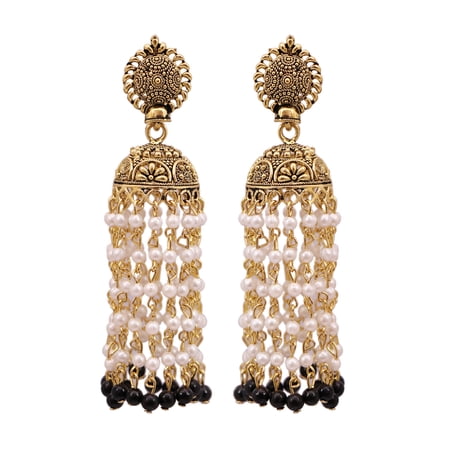 Crunchy Fashion Bollywood Jewellery Traditional Ethnic Bridal Bride Wedding Bridesmaid Punjabi Traditional Gold Finished Black Kundan Pearl Jhumki Style Earrings