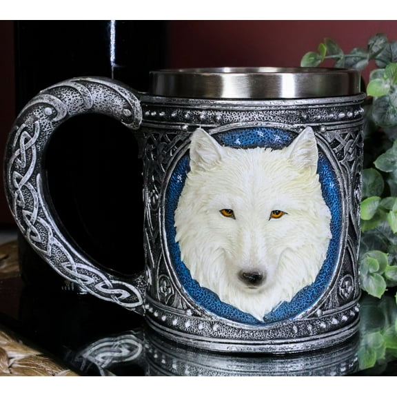 Ebros Celtic Direwolf Ghost White Wolf Coffee Mug 14oz Animal Spirit Wolf Mug