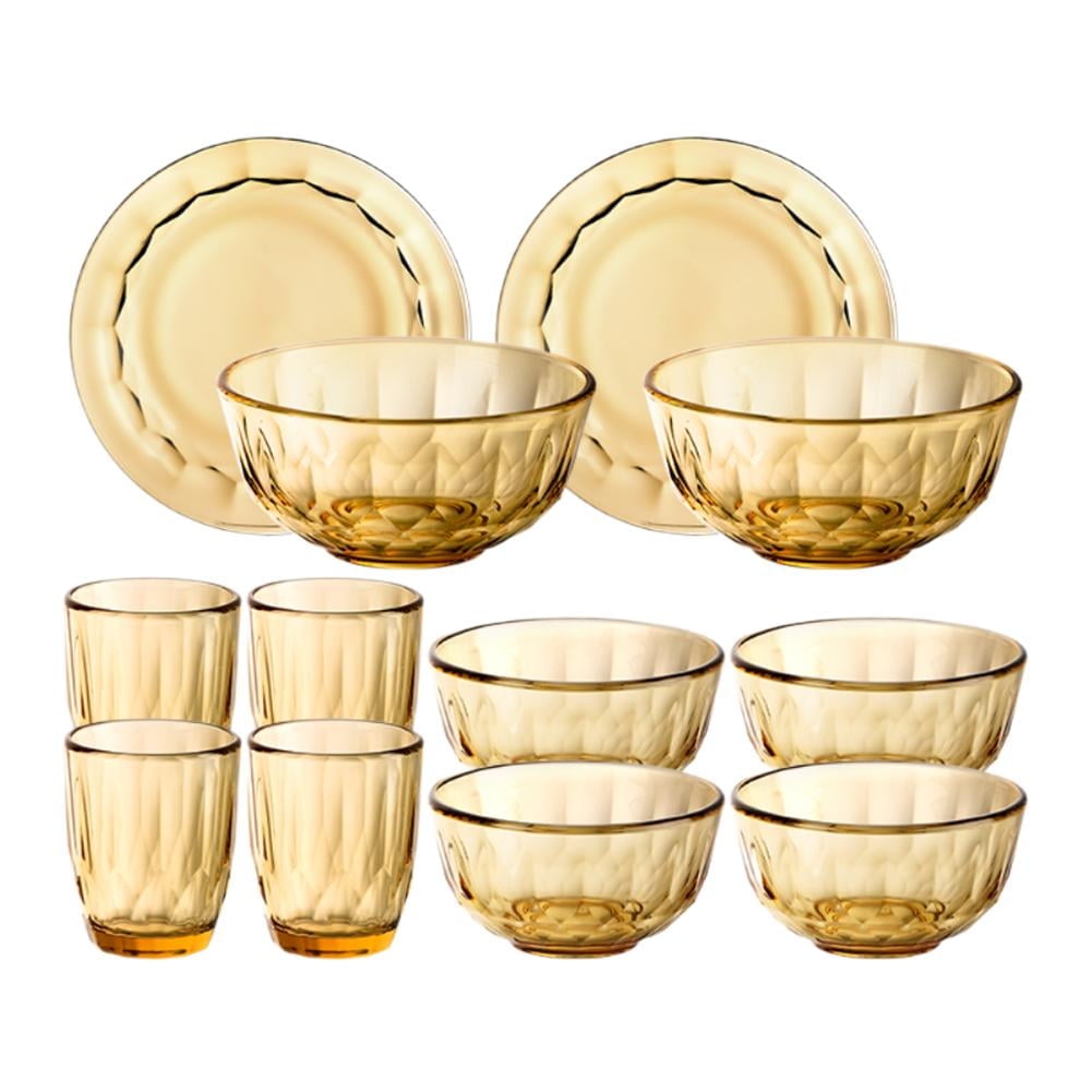 IFRINID 12Pcs Glass Kitchen Dinnerware Set with Plates, Bowls and Mugs, Service for 4 - Amber color, Nordic Style