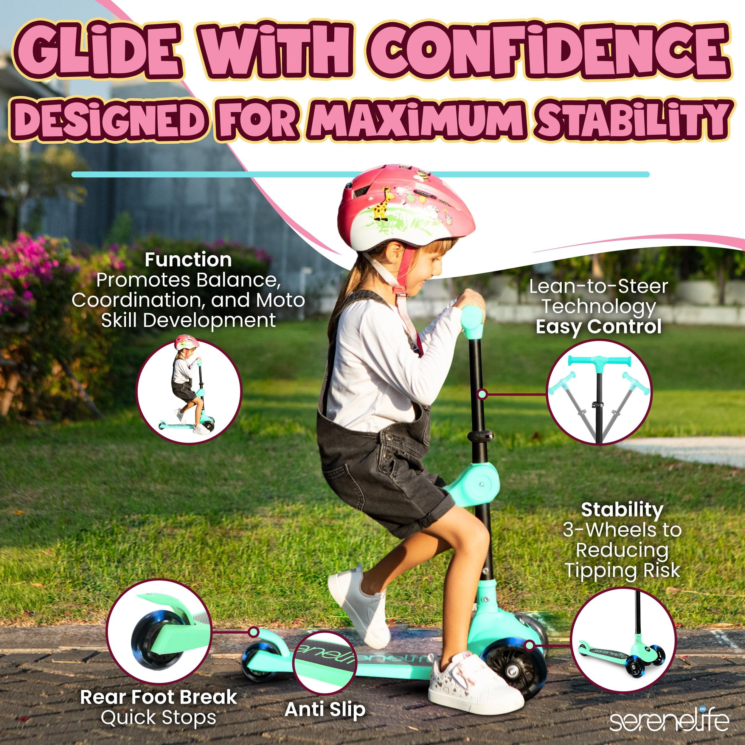 SereneLife 3-Wheel Foldable Kids Scooter  LED Wheel Lights, Adjustable Handlebar, Rear Foot Brake, Lean-to-Steer, Anti-Slip Deck  Ideal for Toddlers & Kids 2+, up to 110 lbs