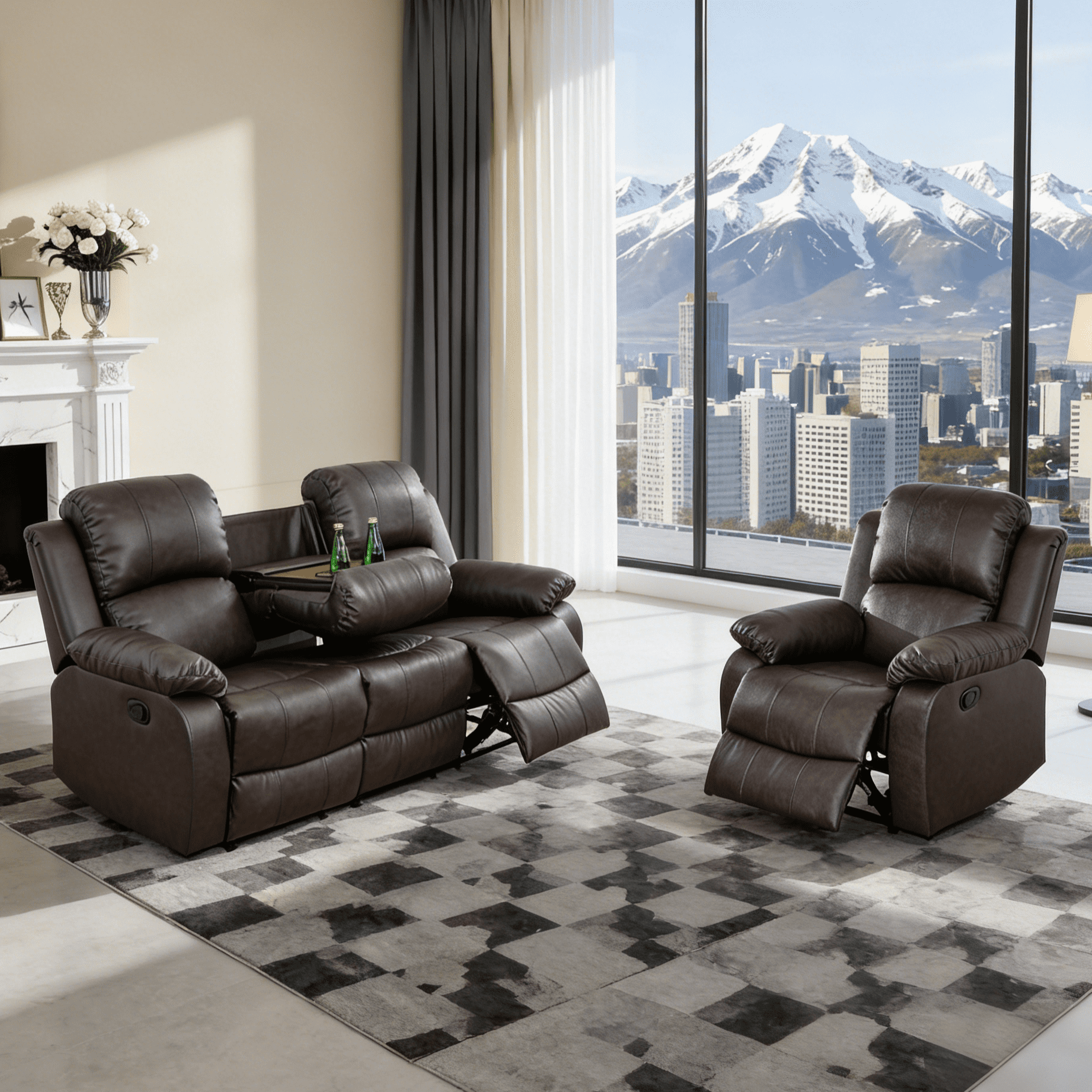 Gewnee 3-Seat Sofa and Recliner with Console and Cup Holders, Air Leather and High-Elasticity Sponge, Adjustable Reclining Angle, Ideal for Living Room,Brown