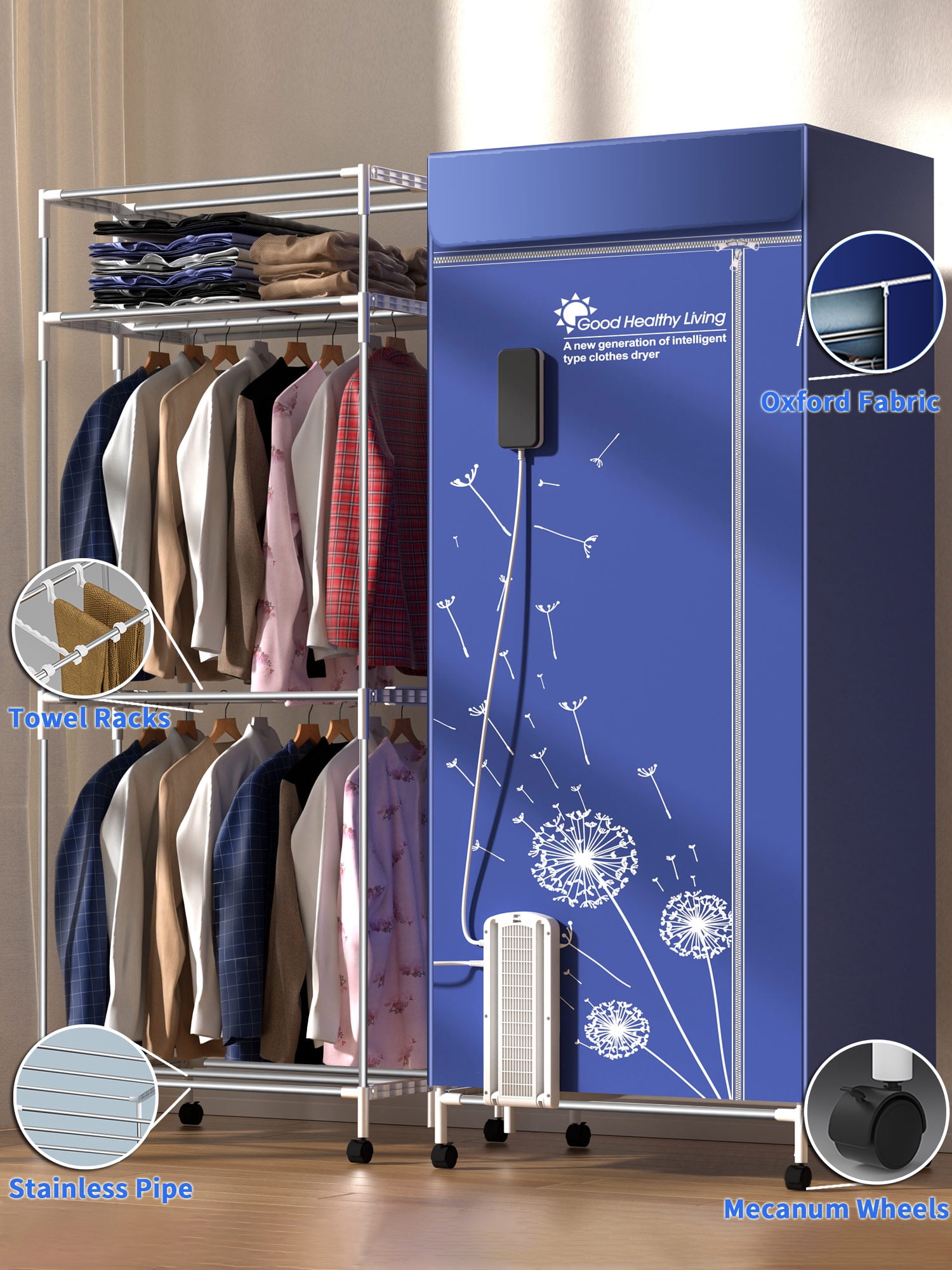 KASYDoFF Portable Clothes Dryer, 1600W-110V Clothes Dryer, 67Inch -3 Tier Foldable Clothes Dryers Rack, Energy Saving Portable Dryer for Apartment, Indoor, Travel, RV,Blue