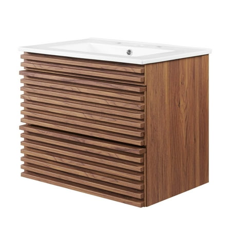Sink Vanity Cabinet, Wall Mounted, Wood, Brown Walnut White, Modern Contemporary Urban Design, Hotel Bedroom Bathroom Master Suite Guest