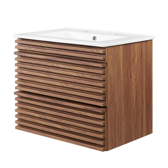 Sink Vanity Cabinet, Wall Mounted, Wood, Brown Walnut White, Modern Contemporary Urban Design, Hotel Bedroom Bathroom Master Suite Guest
