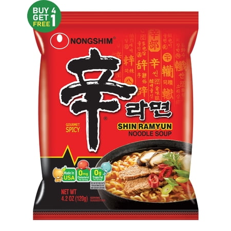 Nongshim Shin Ramyun Spicy Beef Ramen Noodle Soup Pack, 4.02oz (Buy 4 Get 1 Free)