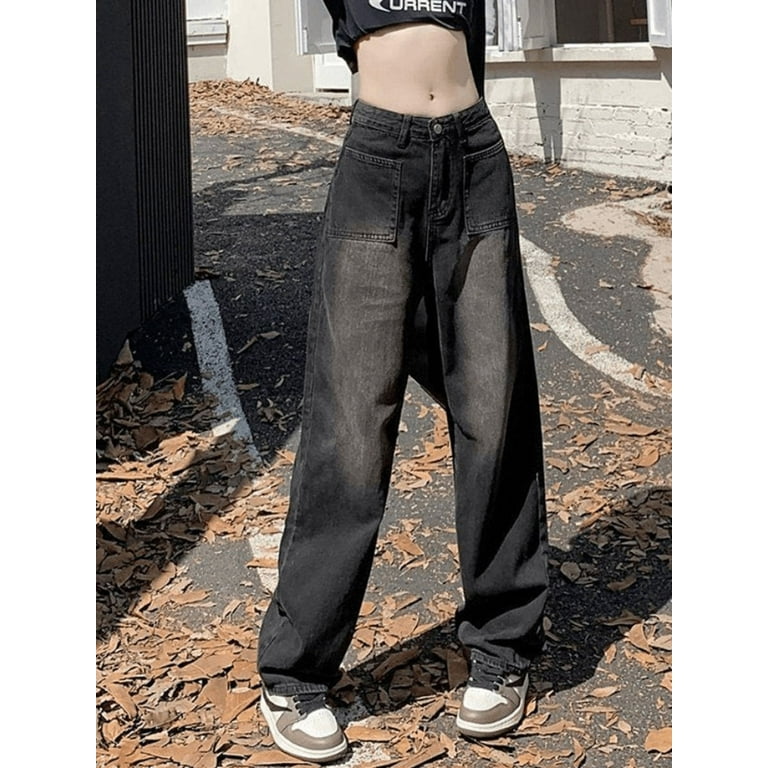 Womens Girls High Waisted Baggy Jeans Y2K Straight Wide Leg Denim Pants  Grunge Trousers Streetwear with Pockets