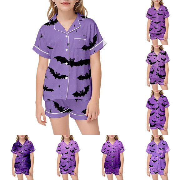 Weebloom Halloween Pajamas For Toddler Girls Cute Bat Print Soft Kids Short Sleeve Button Down Shirt And Shorts Two Piece Outfit Sleepwear Nightwear Pjs Loungewear Light Purple 4-5 Years