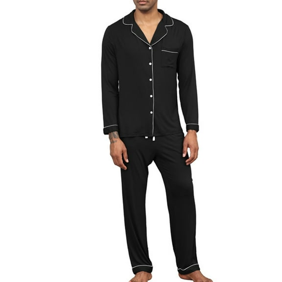 IROINNID Cotton Pajamas Set for Men Two-Pieces Single-breasted Tops and Pants Sleepwear Homewear Set,Black