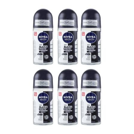 (6 Pack) NIVEA MEN BLACK WHITE INVISIBLE DEODORANT ROLL-ON 50ML
