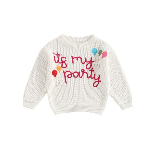 FOCUSNORM Baby Girl Birthday Knit Sweater Letter Balloon Embroidery Long Sleeve Pullover Tops for Fall Winter