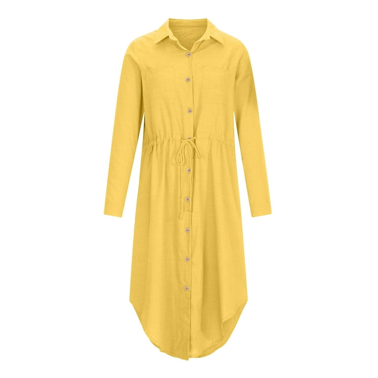 VSSSJ Women's Casual Button Down Solid Color Shirt Long Dresses Long Sleeve  Lapel Drawstring Split Flowy Midi Cotton Linen Dress Yellow XXXL -  Walmart.com
