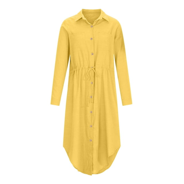 Pisexur Womens Summer Dresses Cotton Linen Button Down Short Sleeve Shirt Dress Drawstring V Neck Solid Color Formal Dress Casual Tummy Control Flowy Sundress Plus Size S-5XL