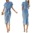 thumbnail image 6 of Douhoow Women Denim Dress Short Sleeve V Neck Tie Front Ruched Dresses Button Down Midi Dress S-XXL, 6 of 7