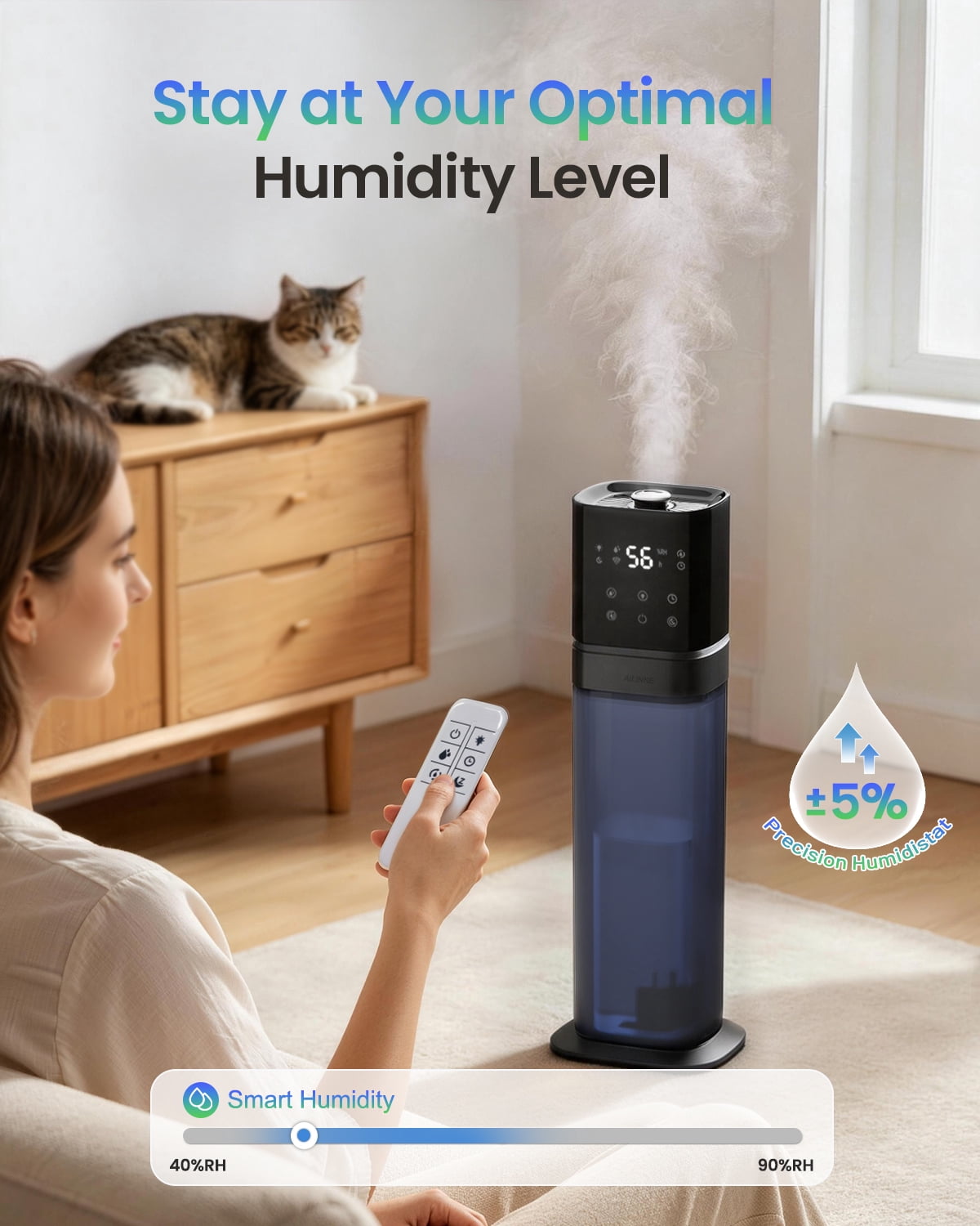 Smart Humidifier Large Room, 2.1Gal/8L Humidifiers for Bedroom with Extended Tube&Night Light, Whole House Cool Mist, Dark Blue