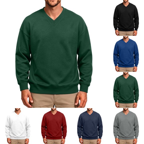 Sweatshirts Men Stylish Long Sleeve V-Neck Sweat Shirt Fall Winter Casual Ribbed Cuffs Solid Color Tops for Daily Wear Dark Green 2XL