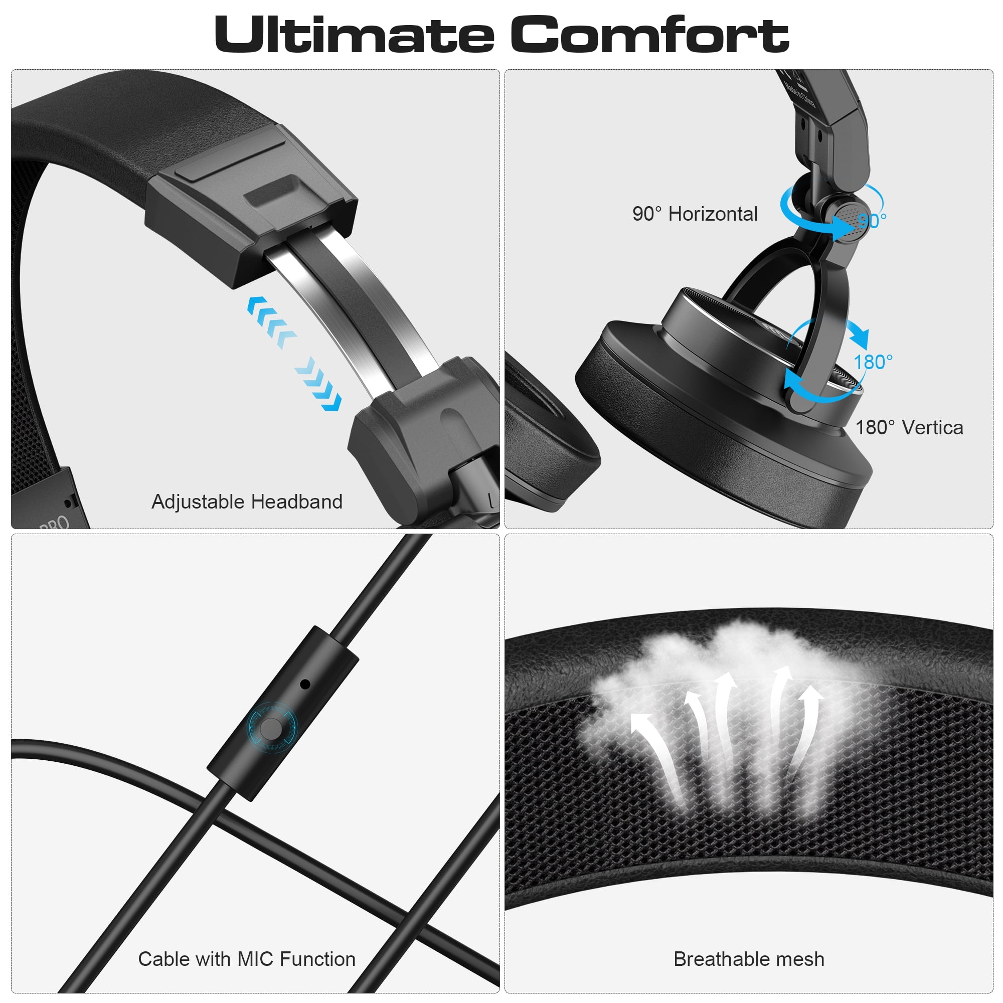 Pupgsis Wired Headphones, 40kHz High-Resolution DJ Stereo Headphones with 1/4" & 3.5mm Audio Jacks, Ideal for Recording, Mixing and Podcast Production