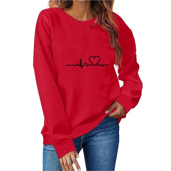 Enjoytime Valentine's Sweatshirt for Women Heart Printed Crewneck Long Sleeve Tops Cute Casual Pullover Sweatshirts Red L