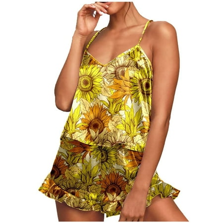 

Knosfe 2 Pack Cami and Shorts Set Nightgown Silk Pajamas Set Sexy Sleepwear Floral Pjs for Women