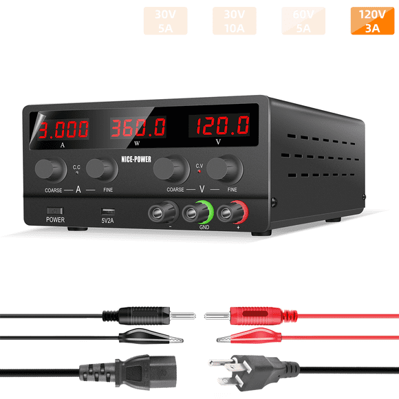NICE-POWER Variable DC Power Supply 120V 3A Adjustable Switching Regulated Power Supply with 4-Digit LED Horizontal Display 5V2A USB Port Regulated DC Bench Power Supply