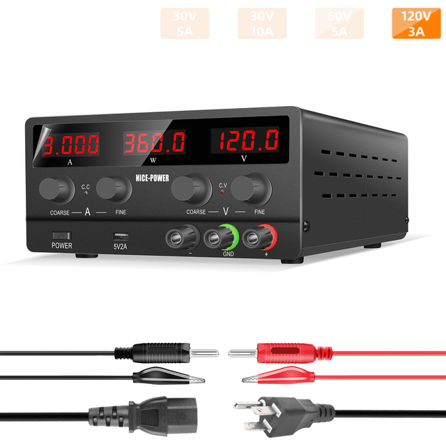 NICE-POWER Variable DC Power Supply 120V 3A Adjustable Switching Regulated Power Supply with 4-Digit LED Horizontal Display 5V2A USB Port Regulated DC Bench Power Supply