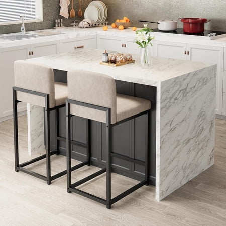 Bar Stools Set of 2, Modern Counter Height Bar Stools with Back and Footrest, Faux Leather Upholstered Barstools Chairs for Kitchen Island Dining Room Bar, Beige