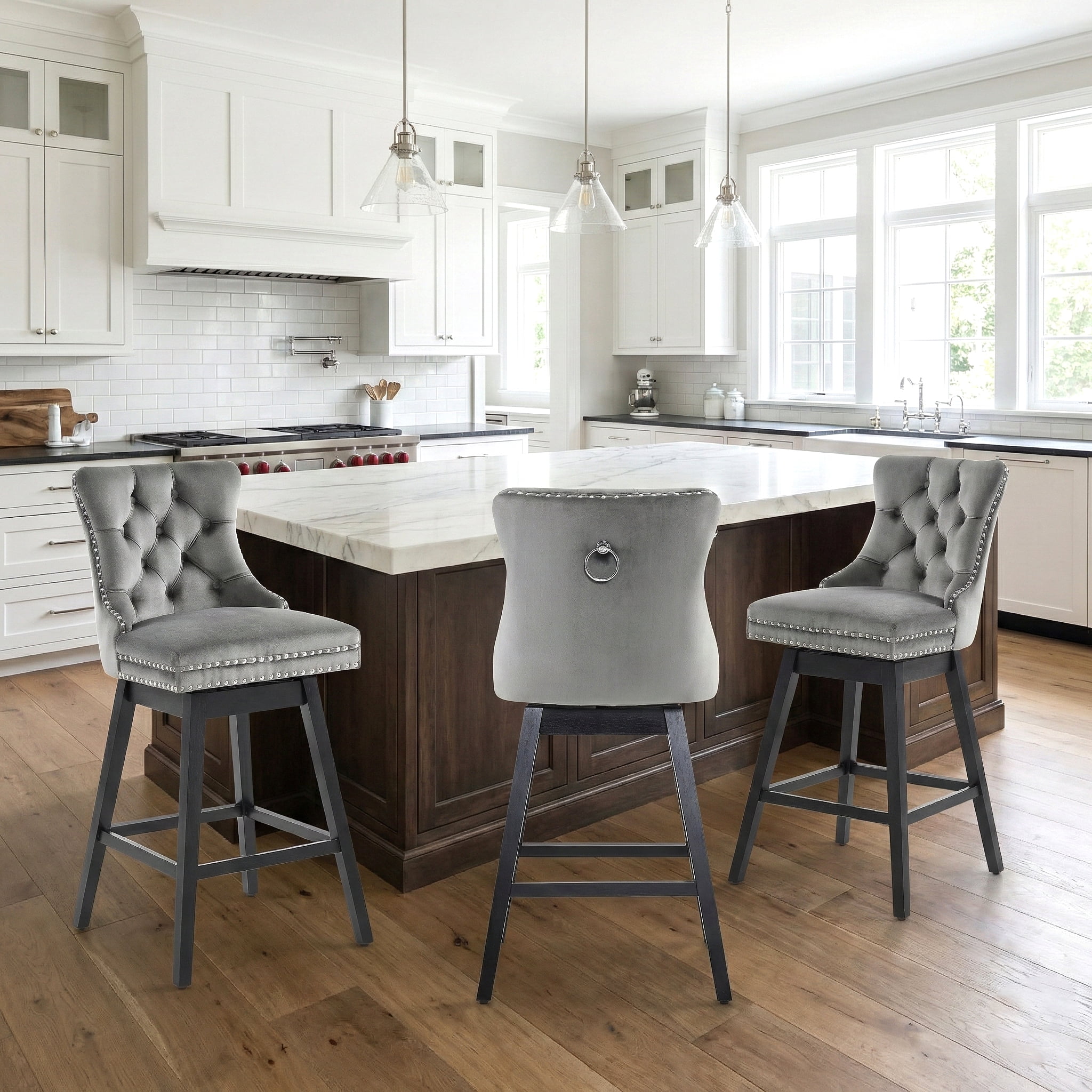 TEWLOSS 30" Swivel Bar Stools Set of 3, Gray Velvet Bar Height Chairs with Back for Home Pub