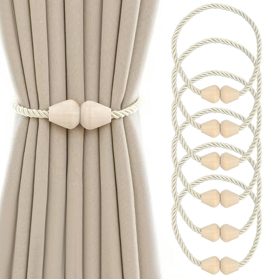 6 Pack Magnetic Curtain Tiebacks, Beige Boho Wooden Bead Rope Curtain Holdbacks for Drapes, No Drill Curtain Ties for Home Office Décor