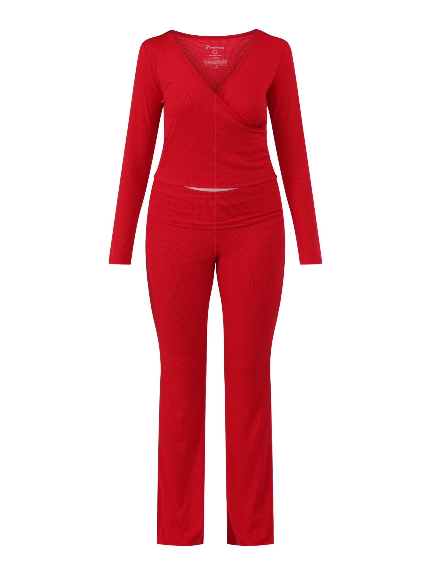 No Boundaries Ribbed Top and Flare Pants Pajama Set, 2-Piece, Women’s and Women’s Plus