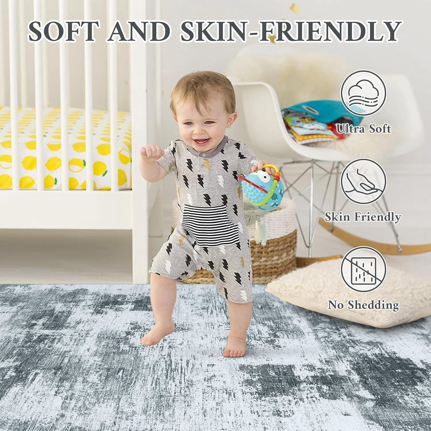 Buganda Area Rug for Living Room 5'X7', Washable Artificial Wool Area Rug, Low Pile Non-Slip Carpet for Bedroom Office Dining Room, Grey