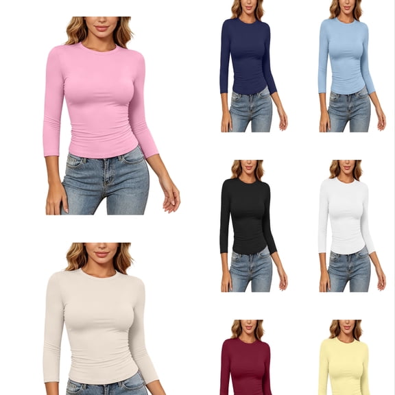 Arlun Womens 3/4 Length Sleeve Tight Tops Crew Neck Casual Slim Fit T-Shirts Solid Color Basic Tees Stretchy Soft Comfortable Trendy Summer Going out Top for Daily Wear 1-White XS