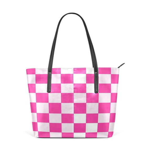 Tote Bag Aesthetic leather Handbags with Zipper for Women Travel Shoulder Bags Purses with compartment. Hot Pink Checkered Pattern