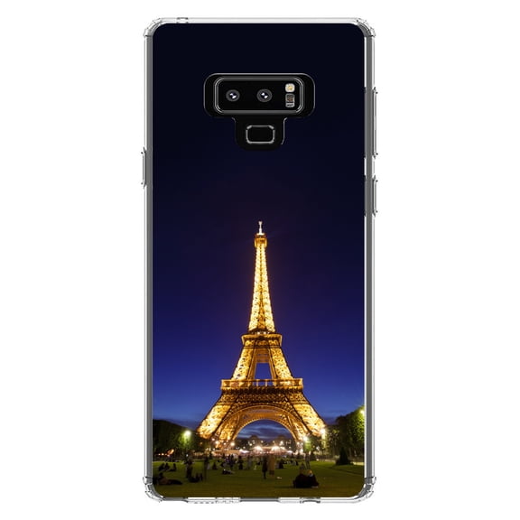 DistinctInk Clear Shockproof Hybrid Case for Samsung Galaxy Note 9 - TPU Bumper, Acrylic Back, Tempered Glass Screen Protector - Eiffel Tower Paris Night - Paris