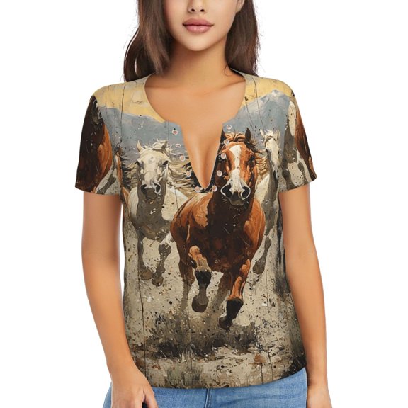 Women Short Sleeve Deep V Neck Tops T-Shirts Summer Tees, Western Horses Runing Vintage