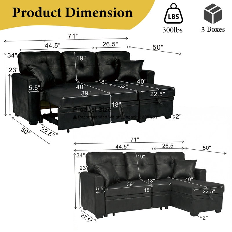 Sleeper Sofa Sectional with Pull-Out Bed – Reversible Chaise + Hidden Storage, Breathable Fabric, L-Shaped Couch for Small Spaces, Convertible Sofa Bed for Living Room