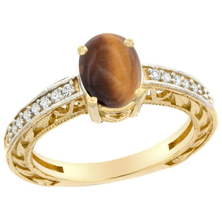 8x6 Oval Ring - 10K Gold Natural Tiger Eye Ring Oval 8x6 mm Diamond Accents, sizes 5 - 10