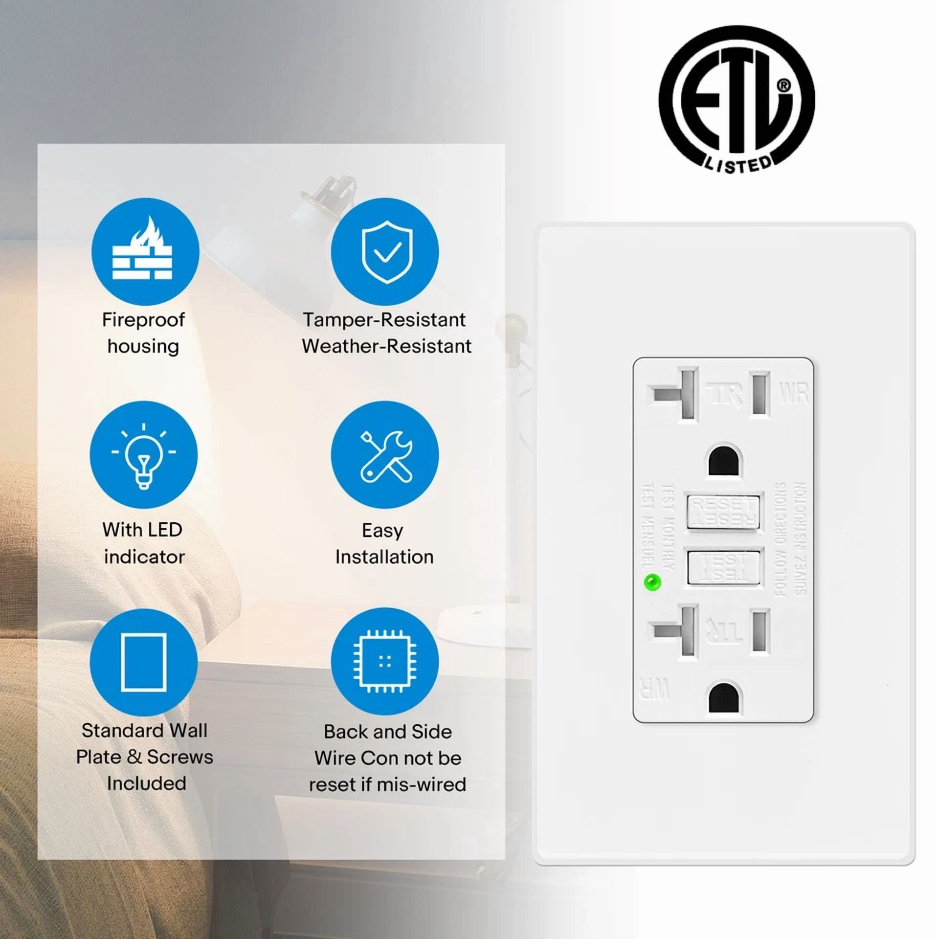 CIRCLE- 20A/125V Tamper Resistant Gfci Outlet Receptacles Led Indicator Etl Certified Us