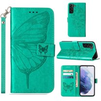 SaniMore Case for Samsung Galaxy S23 (6.1" 2023), PU Leather Skin with Luxury Embossed Butterfly [Wrist Strap & Card Slots & Flip Kickstand] ull-body Shockproof Business Wallet Cover, Green