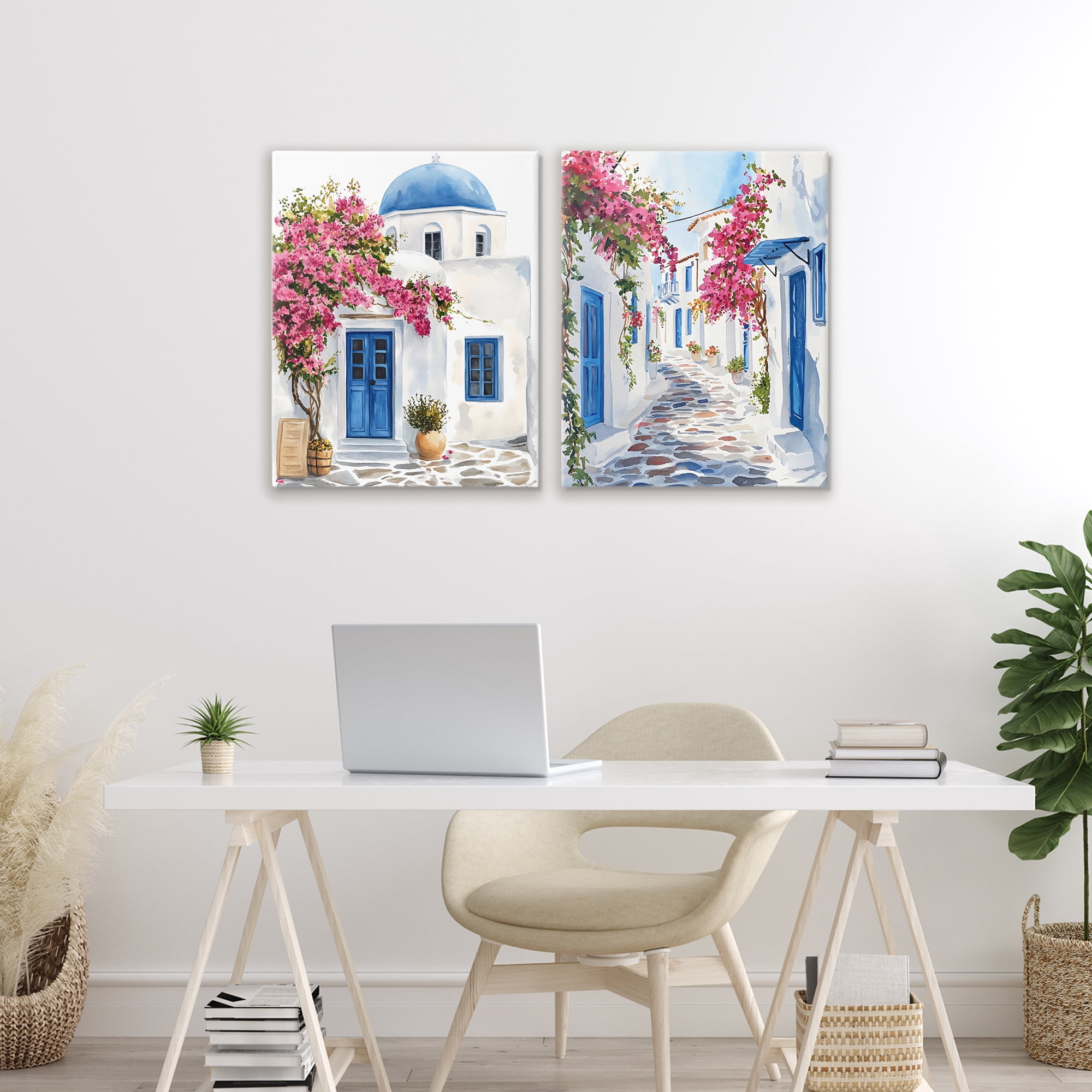 Stupell Industries Santorini House with Pink Tree 2 Piece Canvas Wall Art Set, design by LSR Design Studio