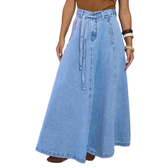 Womens Denim Skirt Casual High Waist Elastic A Line Long Maxi Flare Skirt Summer Beach Jean Skirt Light Blue S