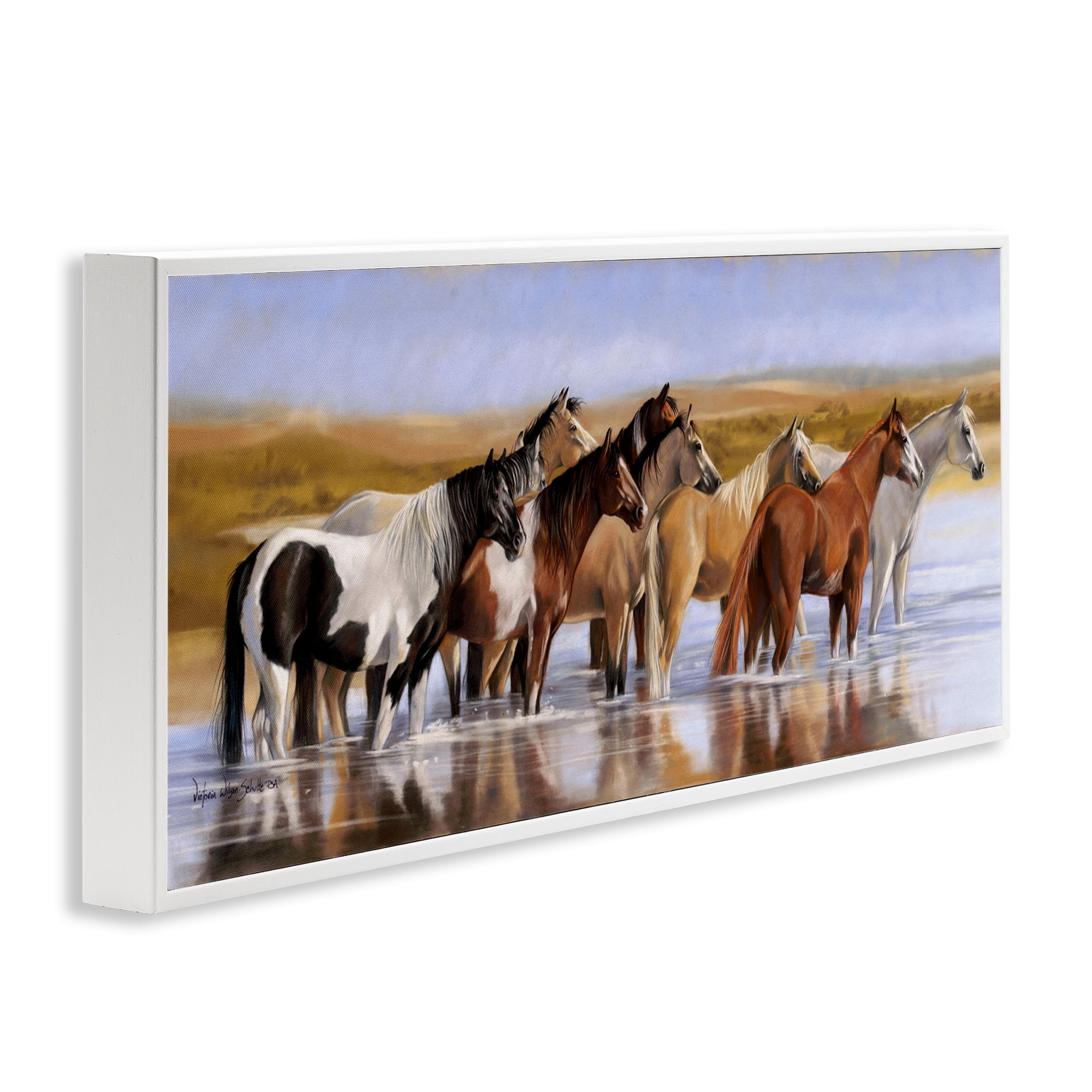 Stupell Industries Horse Herd in River Animals & Insects Painting White Framed Art Print Wall Art, 24 x 10