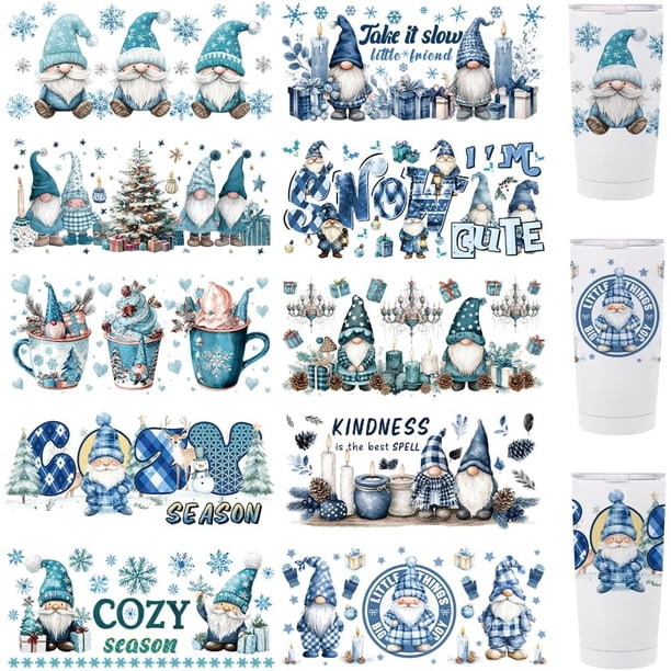 10 hojas de calcomanías navideñas UV DTF para vasos, con diseño de gnomos azules invernales, muñecos de nieve y copos de nieve, para impresión a prueba de agua.
