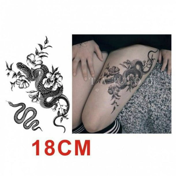 3 modelos en blanco y negro neutros de duración oscura, pegatinas de tatuaje de serpiente de viento con brazos de flores, tres serpientes negras de flores LingWen 8390614639249