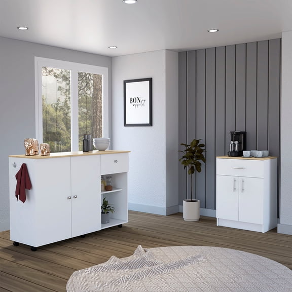 Victoria 2-Piece Kitchen Set with Kitchen Island and Kitchen Pantry, White/Light Oak