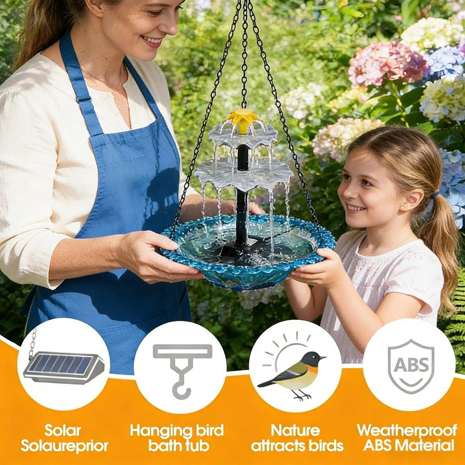 Solar Cascade Hanging Bird Bath Fountain, Creative Designs, Outdoor Decorations, Garden Gifts, Large Humming Birds Bath Fountain